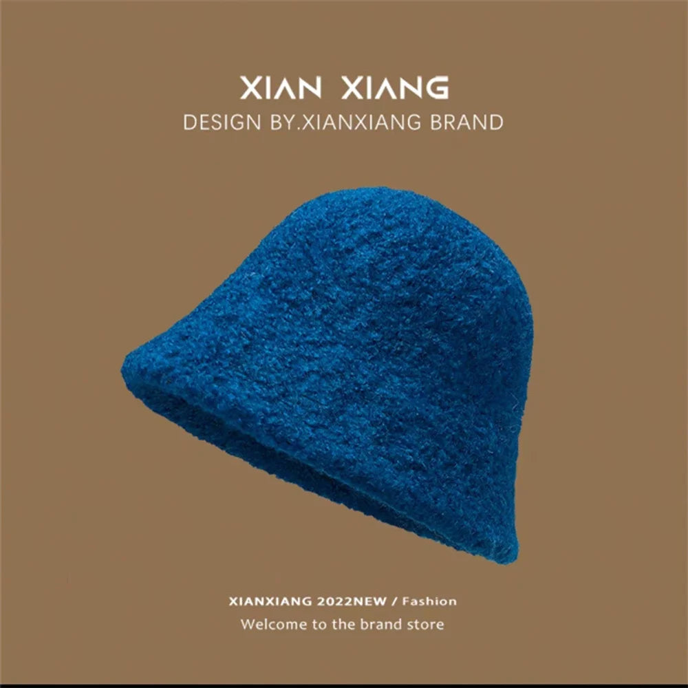 Hat, women's winter, new lamb's wool bucket hat, autumn and winter, plain makeup, small bucket hat, solid color warm pot hat